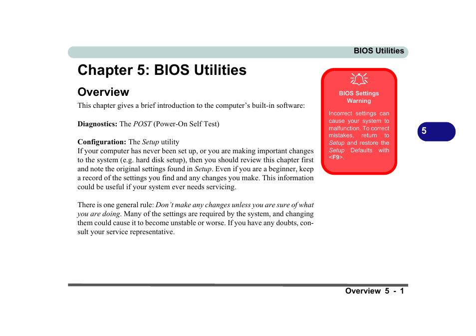 Chapter 5: bios utilities, Overview, Bios settings warning | Bios utilities -1, Overview -1, Bios | Eurocom D270ES VIPER User Manual | Page 100 / 153