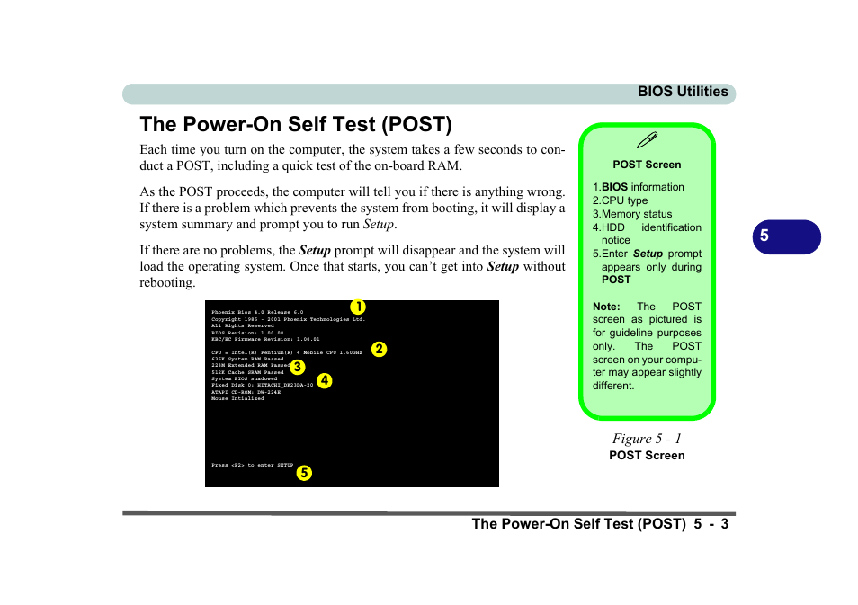 The power-on self test (post), Post screen, Figure 5 - 1 post screen | The power-on self test (post) -3, Bios utilities the power-on self test (post) 5 - 3, Figure 5 - 1 | Eurocom D270ES VIPER User Manual | Page 102 / 153