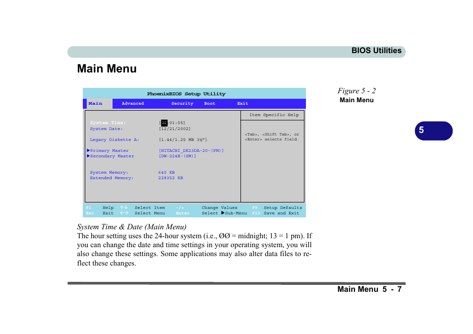 Main menu, Figure 5 - 2 main menu, Main menu -7 | Bios utilities main menu 5 - 7, System time & date (main menu), Figure 5 - 2 | Eurocom D270ES VIPER User Manual | Page 106 / 153