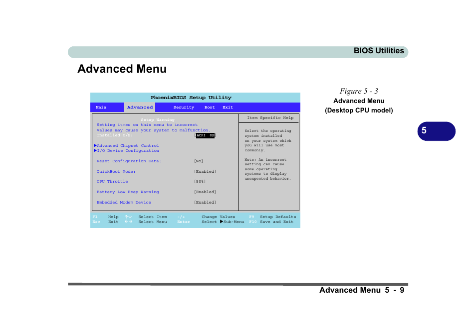 Advanced menu, Figure 5 - 3 advanced menu (desktop cpu model), Advanced menu -9 | Bios utilities advanced menu 5 - 9, Figure 5 - 3, Advanced menu (desktop cpu model) | Eurocom D270ES VIPER User Manual | Page 108 / 153