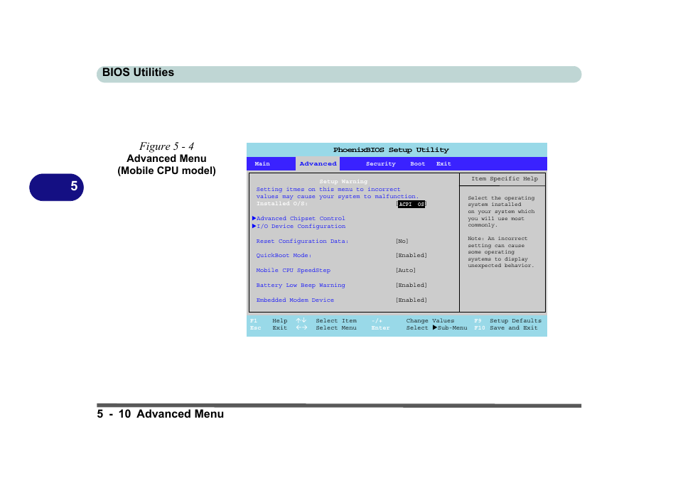 Figure 5 - 4 advanced menu (mobile cpu model), Bios utilities 5 - 10 advanced menu, Figure 5 - 4 | Advanced menu (mobile cpu model) | Eurocom D270ES VIPER User Manual | Page 109 / 153