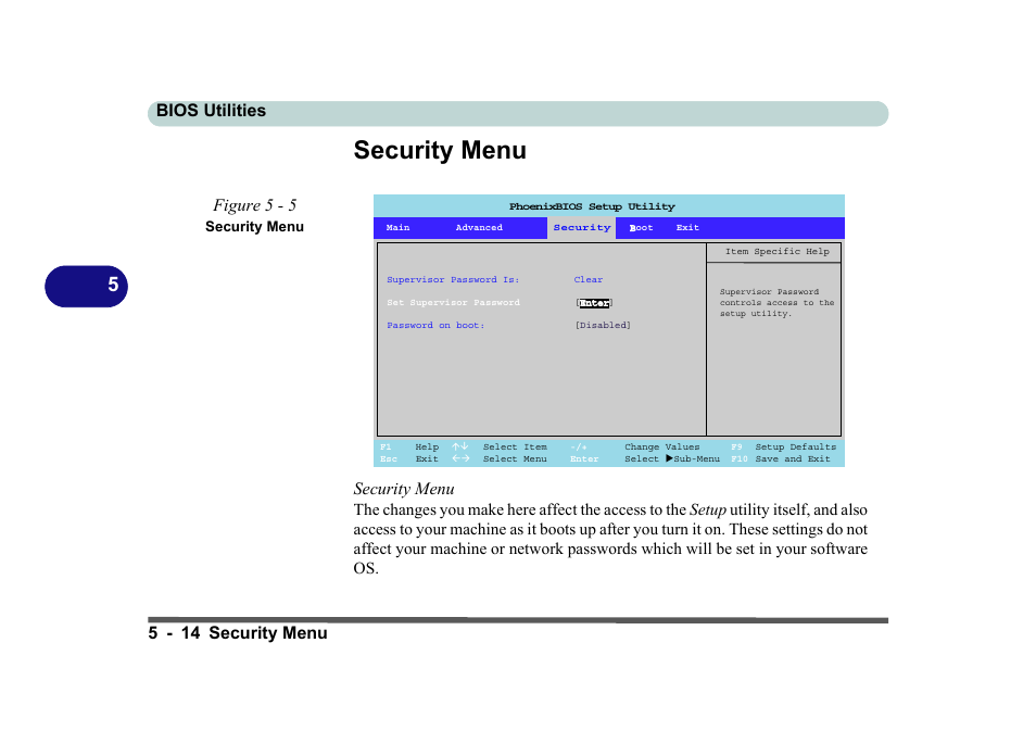 Security menu, Figure 5 - 5 security menu, Security menu -14 | Bios utilities 5 - 14 security menu, Figure 5 - 5 | Eurocom D270ES VIPER User Manual | Page 113 / 153