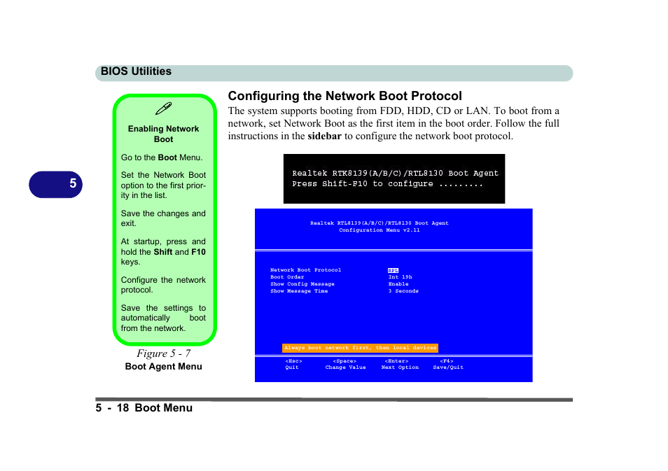 Configuring the network boot protocol, Enabling network boot, Figure 5 - 7 boot agent menu | Configuring the network boot protocol -18, 5configuring the network boot protocol, Bios utilities 5 - 18 boot menu, Figure 5 - 7 | Eurocom D270ES VIPER User Manual | Page 117 / 153