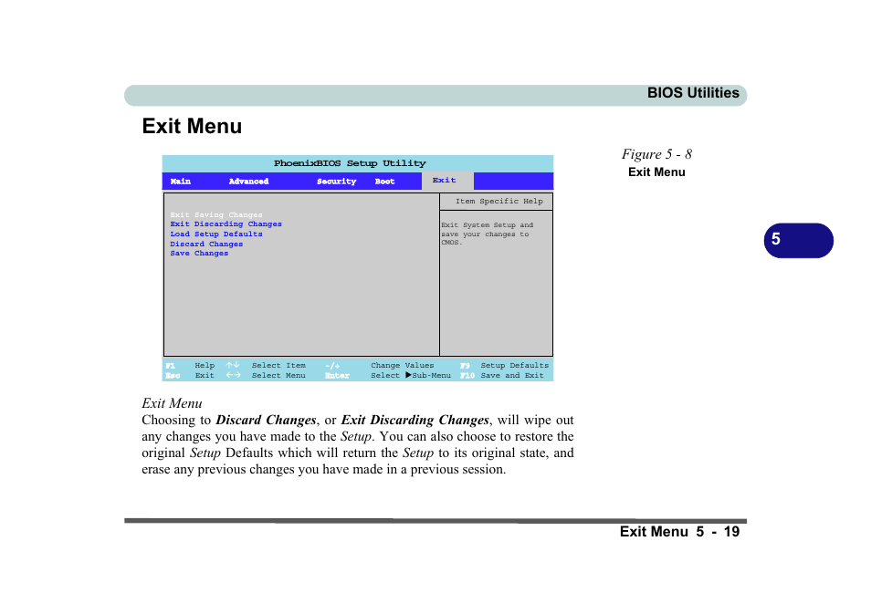 Exit menu, Figure 5 - 8 exit menu, Exit menu -19 | Bios utilities exit menu 5 - 19, Figure 5 - 8 | Eurocom D270ES VIPER User Manual | Page 118 / 153