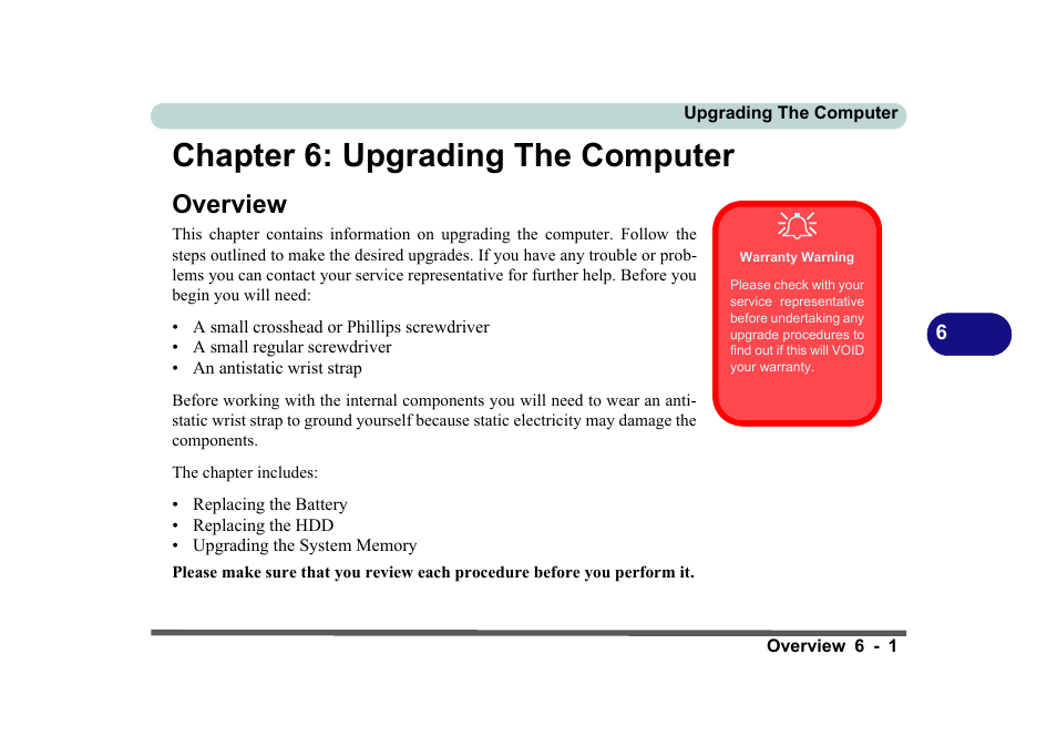 Chapter 6: upgrading the computer, Overview, Warranty warning | Upgrading the computer -1, Overview -1 | Eurocom D270ES VIPER User Manual | Page 120 / 153