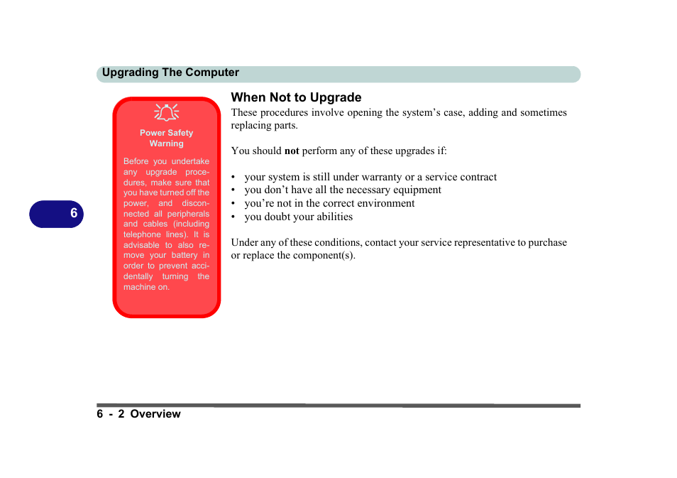 When not to upgrade, Power safety warning, When not to upgrade -2 | Eurocom D270ES VIPER User Manual | Page 121 / 153
