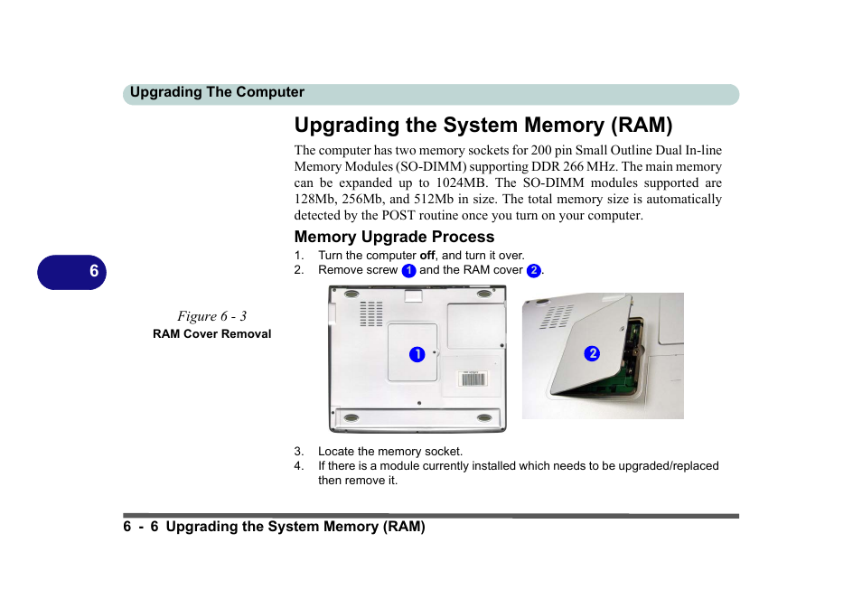 Upgrading the system memory (ram), Memory upgrade process, Figure 6 - 3 ram cover removal | Upgrading the system memory (ram) -6, Memory upgrade process -6 | Eurocom D270ES VIPER User Manual | Page 125 / 153