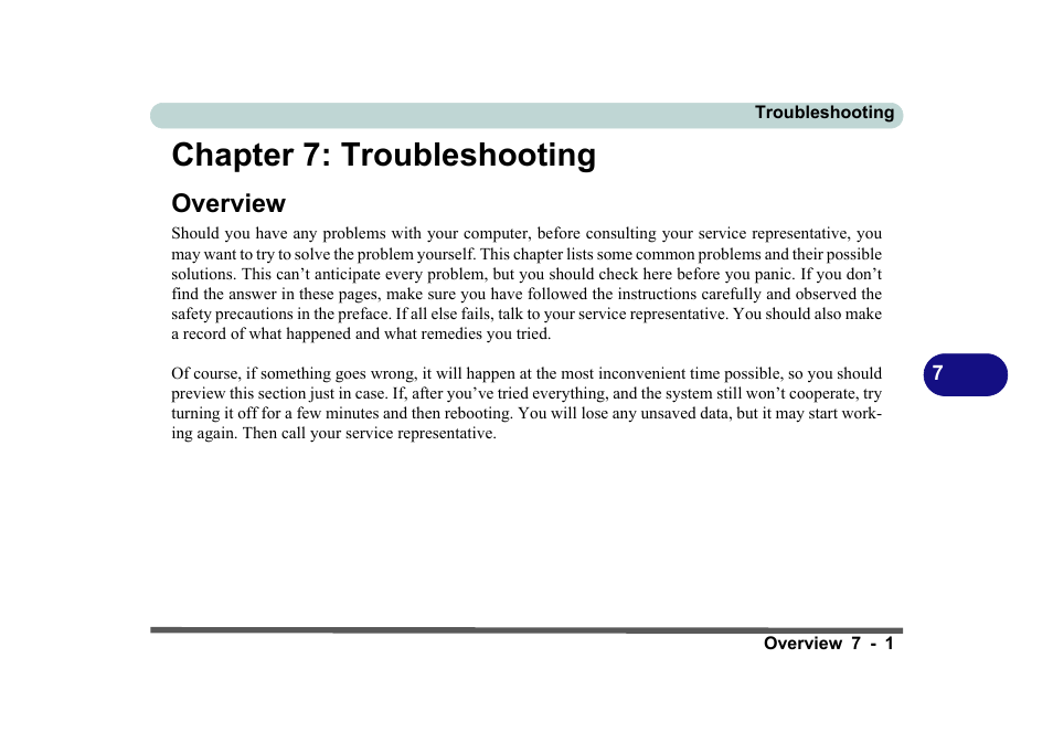 Chapter 7: troubleshooting, Overview, Troubleshooting -1 | Eurocom D270ES VIPER User Manual | Page 130 / 153