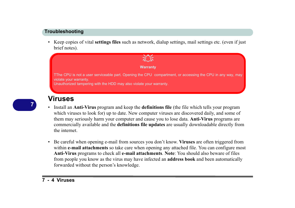 Warranty, Viruses, Viruses -4 | Eurocom D270ES VIPER User Manual | Page 133 / 153