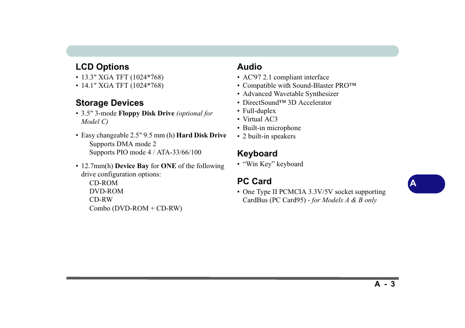 Lcd options, Storage devices, Audio | Keyboard, Pc card, Rchased. see, Lcd options” on | Eurocom D270ES VIPER User Manual | Page 150 / 153