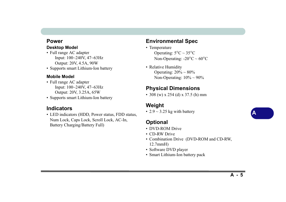 Power, Indicators, Environmental spec | Physical dimensions, Weight, Optional | Eurocom D270ES VIPER User Manual | Page 152 / 153