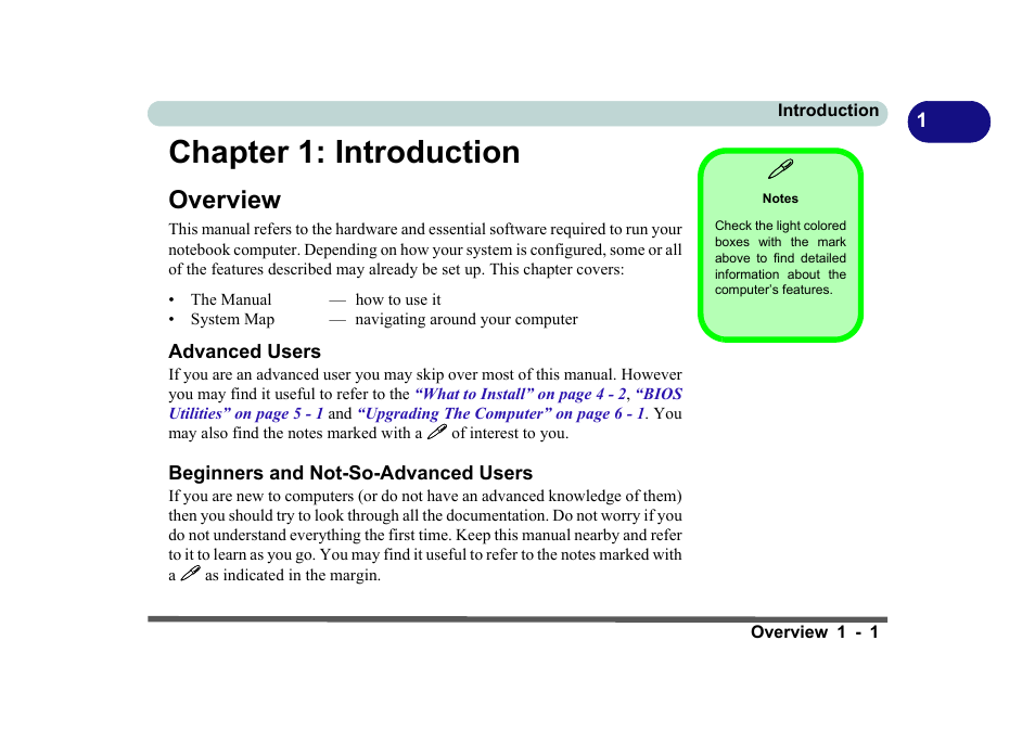 Chapter 1: introduction, Overview, Notes | Advanced users, Beginners and not-so-advanced users, Introduction -1, Overview -1 | Eurocom D270ES VIPER User Manual | Page 20 / 153