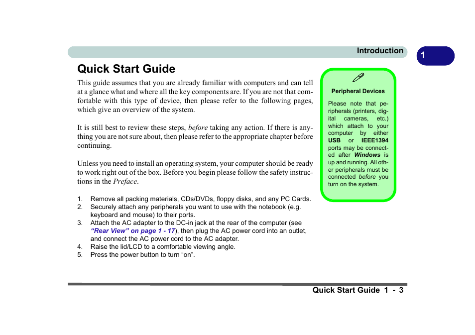 Quick start guide, Peripheral devices, Quick start guide -3 | Eurocom D270ES VIPER User Manual | Page 22 / 153