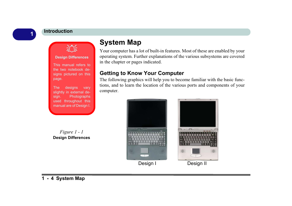 System map, Design differences, Getting to know your computer | Figure 1 - 1 design differences, System map -4, Getting to know your computer -4 | Eurocom D270ES VIPER User Manual | Page 23 / 153