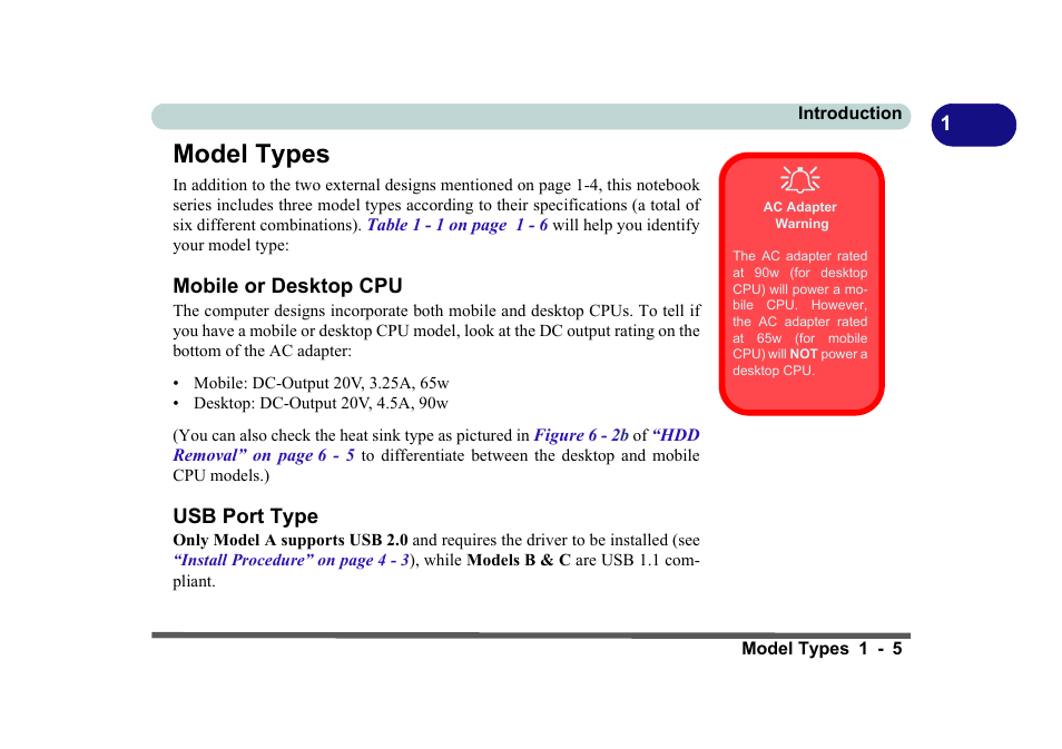 Model types, Mobile or desktop cpu, Usb port type | Model types -5, Mobile or desktop cpu -5 usb port type -5 | Eurocom D270ES VIPER User Manual | Page 24 / 153