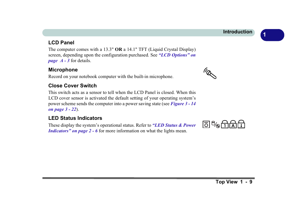 Lcd panel, Microphone, Close cover switch | Led status indicators | Eurocom D270ES VIPER User Manual | Page 28 / 153