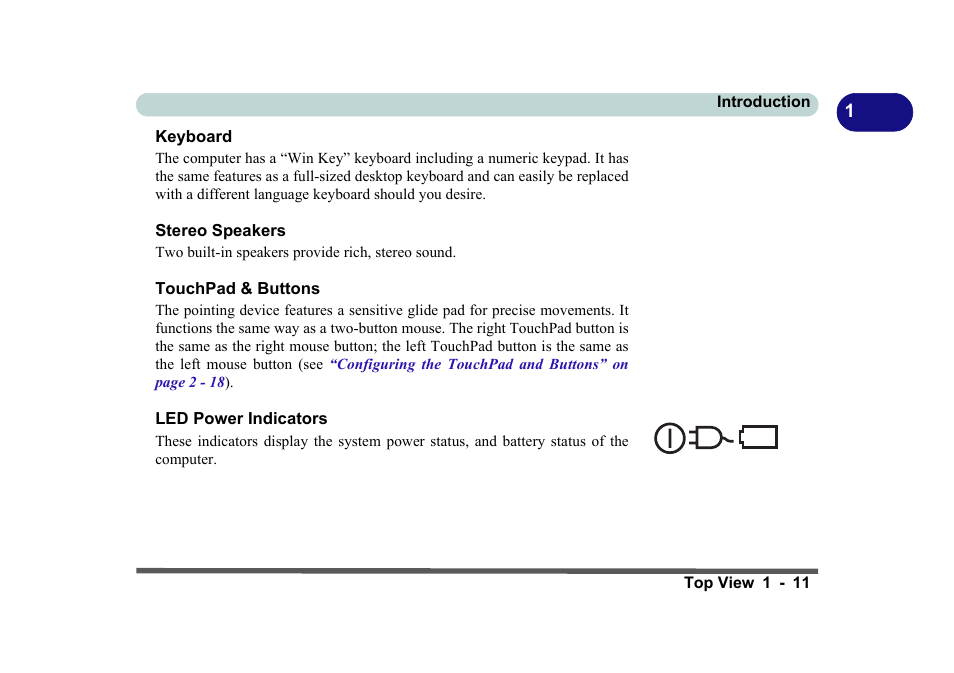 Keyboard, Stereo speakers, Touchpad & buttons | Led power indicators | Eurocom D270ES VIPER User Manual | Page 30 / 153