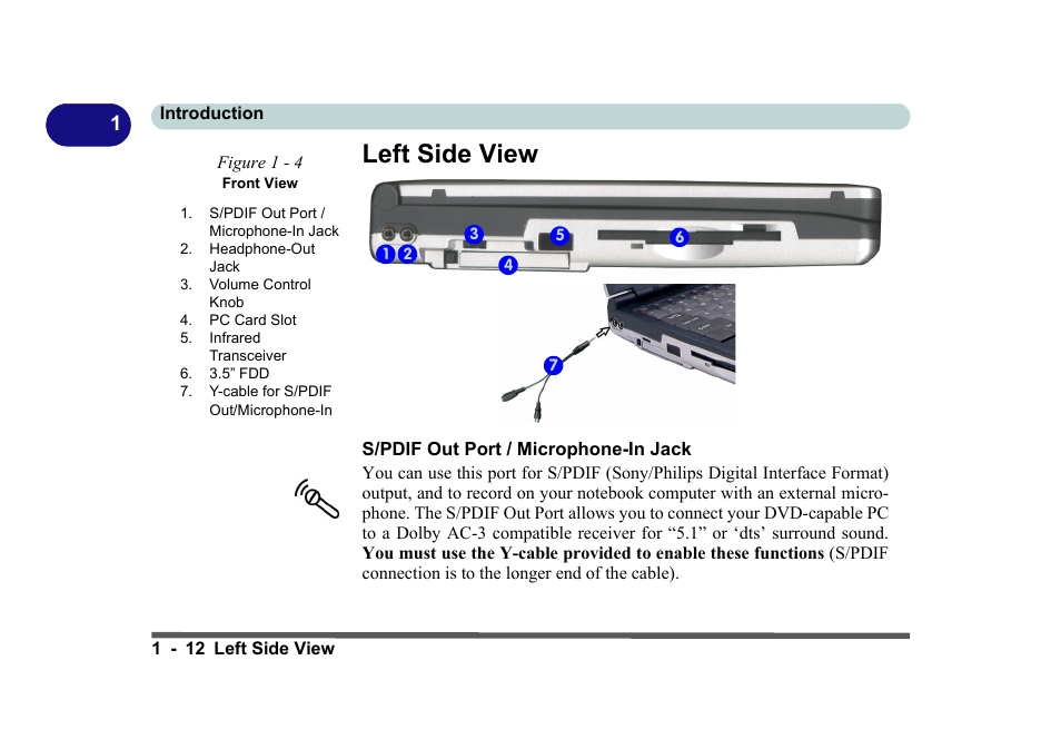 Left side view, Figure 1 - 4 front view, S/pdif out port / microphone-in jack | Left side view -12, S/pdif out port / microphone-in jack -12 | Eurocom D270ES VIPER User Manual | Page 31 / 153