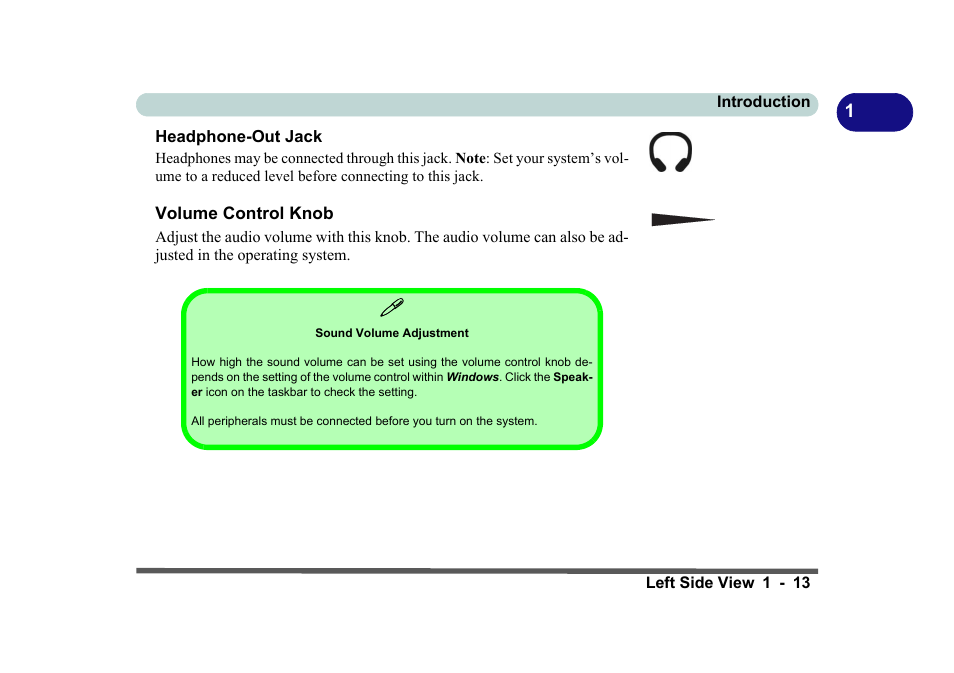 Headphone-out jack, Volume control knob, Sound volume adjustment | Headphone-out jack -13 volume control knob -13 | Eurocom D270ES VIPER User Manual | Page 32 / 153