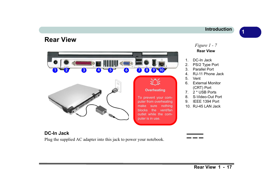 Rear view, Figure 1 - 7 rear view, Dc-in jack | Rear view -17, Dc-in jack -17 | Eurocom D270ES VIPER User Manual | Page 36 / 153