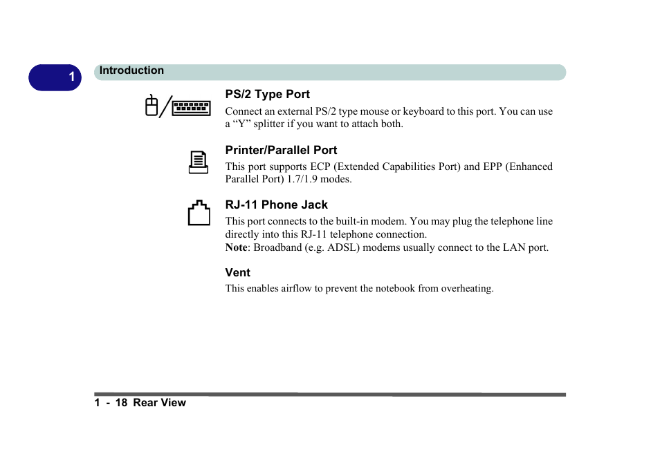 Ps/2 type port, Printer/parallel port, Rj-11 phone jack | Vent, Ps/2 type port -18 | Eurocom D270ES VIPER User Manual | Page 37 / 153