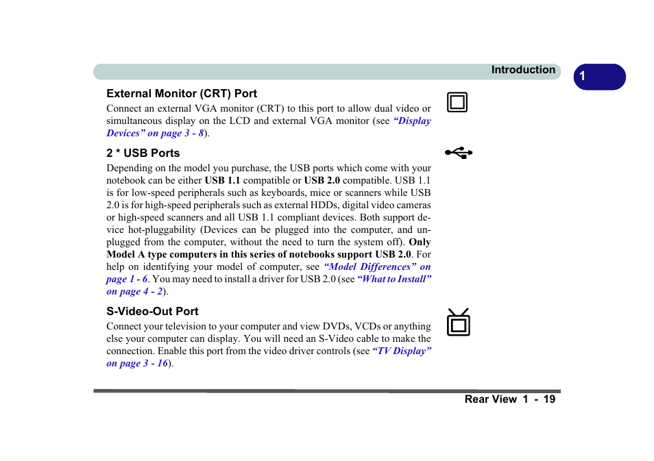 External monitor (crt) port, 2 * usb ports, S-video-out port | Eurocom D270ES VIPER User Manual | Page 38 / 153