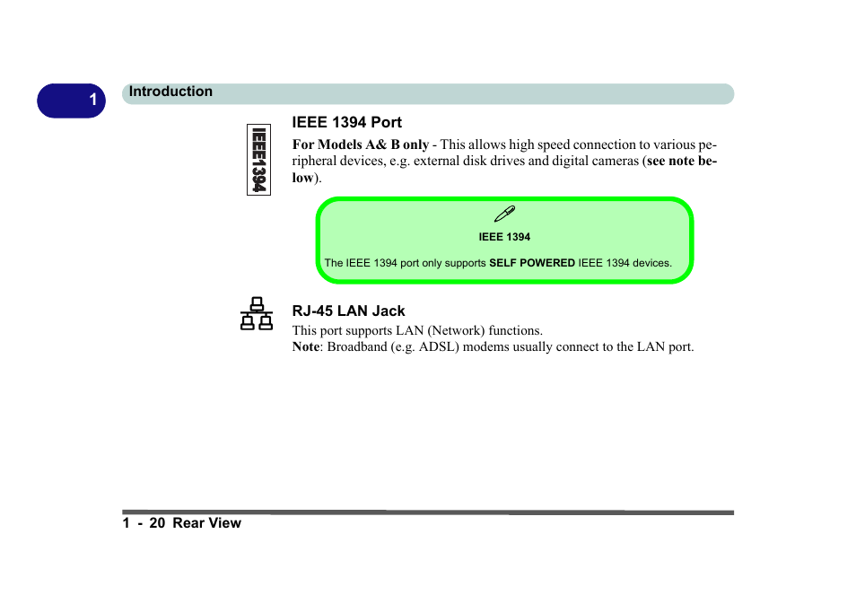 Ieee 1394 port, Ieee 1394, Rj-45 lan jack | Ieee 1394 port -20 rj-45 lan jack -20 | Eurocom D270ES VIPER User Manual | Page 39 / 153