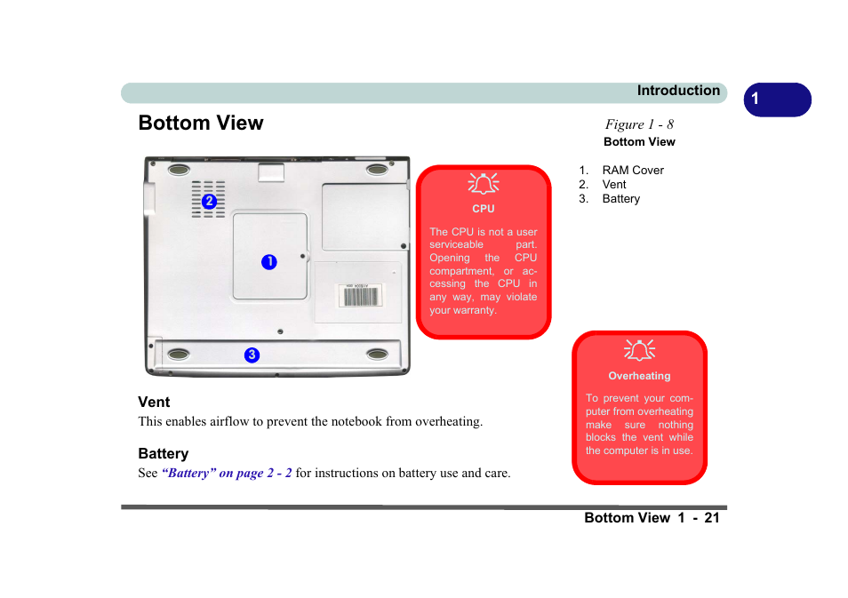 Bottom view, Figure 1 - 8 bottom view, Vent | Overheating, Battery, Bottom view -21, Vent -21 battery -21 | Eurocom D270ES VIPER User Manual | Page 40 / 153