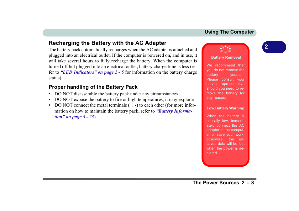 Recharging the battery with the ac adapter, Battery removal, Low battery warning | Proper handling of the battery pack, Recharging the battery with the ac adapter -3, Proper handling of the battery pack -3 | Eurocom D270ES VIPER User Manual | Page 44 / 153