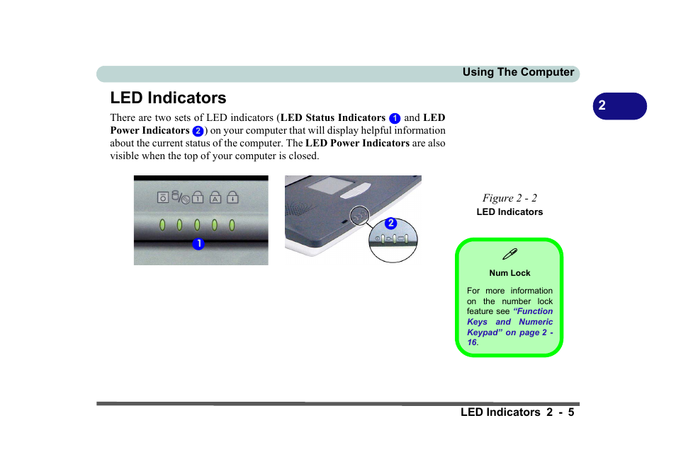 Led indicators, Figure 2 - 2 led indicators, Num lock | Led indicators -5 | Eurocom D270ES VIPER User Manual | Page 46 / 153