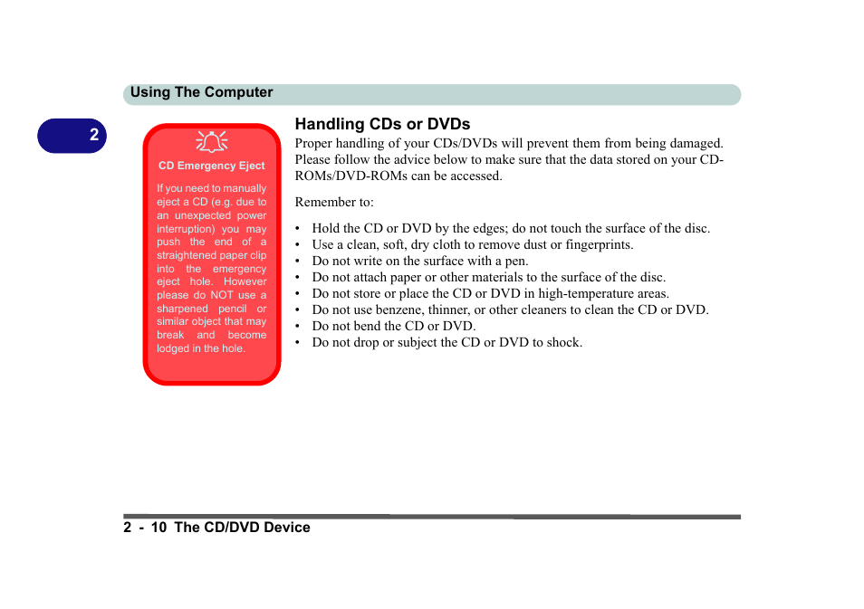 Handling cds or dvds, Cd emergency eject, Handling cds or dvds -10 | Eurocom D270ES VIPER User Manual | Page 51 / 153