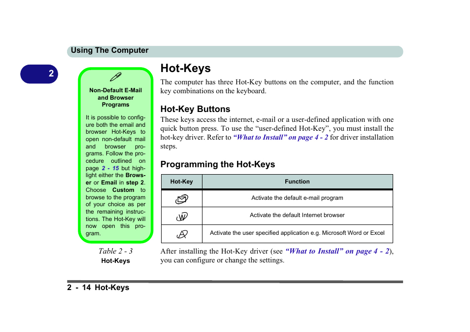 Hot-keys, Non-default e-mail and browser programs, Table 2 - 3 hot-keys | Hot-key buttons, Programming the hot-keys, Hot-keys -14, Hot-key buttons -14 programming the hot-keys -14 | Eurocom D270ES VIPER User Manual | Page 55 / 153
