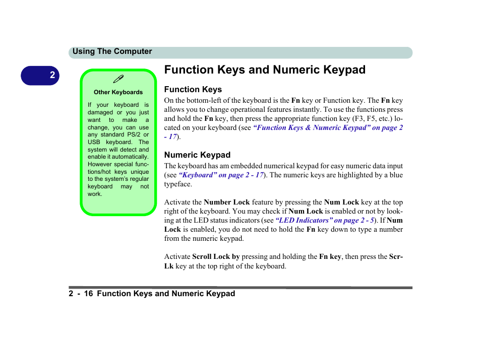Function keys and numeric keypad, Function keys, Other keyboards | Numeric keypad, Function keys and numeric keypad -16, Function keys -16 numeric keypad -16 | Eurocom D270ES VIPER User Manual | Page 57 / 153