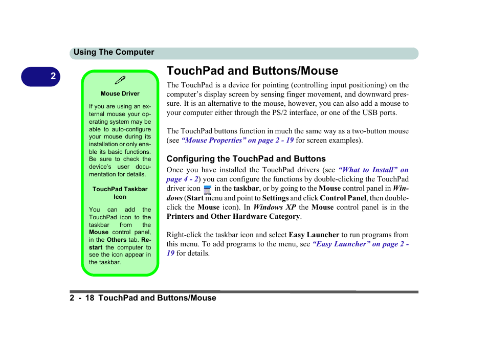 Touchpad and buttons/mouse, Mouse driver, Touchpad taskbar icon | Configuring the touchpad and buttons, Touchpad and buttons/mouse -18, Configuring the touchpad and buttons -18 | Eurocom D270ES VIPER User Manual | Page 59 / 153