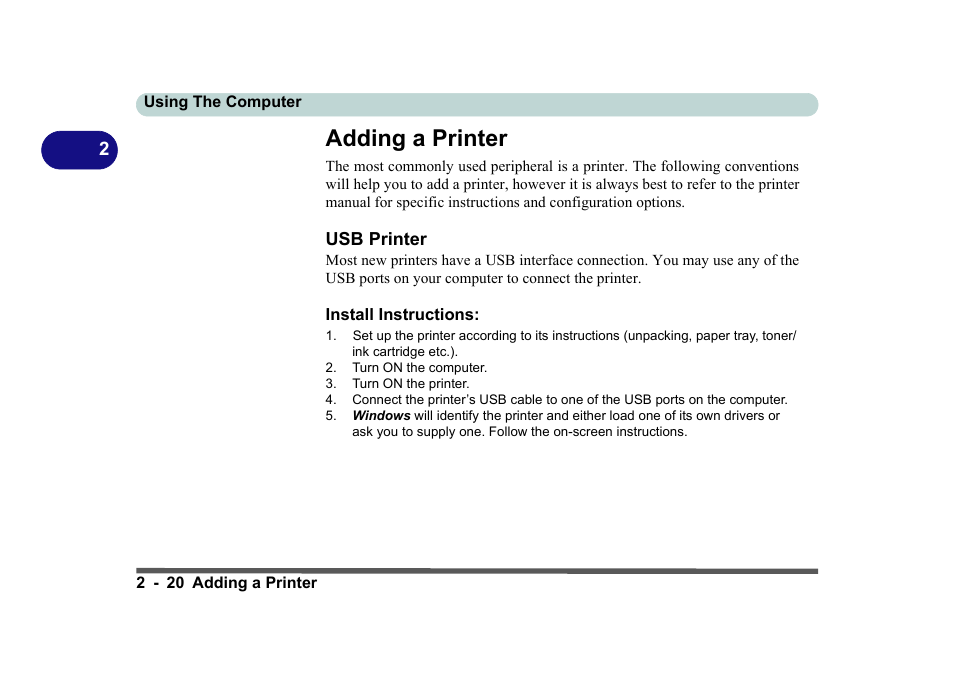 Adding a printer, Usb printer, Install instructions | Adding a printer -20, Usb printer -20, Install instructions: -20 | Eurocom D270ES VIPER User Manual | Page 61 / 153