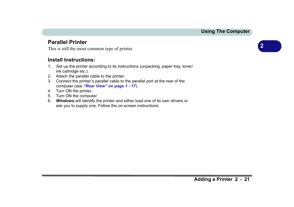 Parallel printer, Install instructions, Parallel printer -21 | Install instructions: -21, 2parallel printer | Eurocom D270ES VIPER User Manual | Page 62 / 153