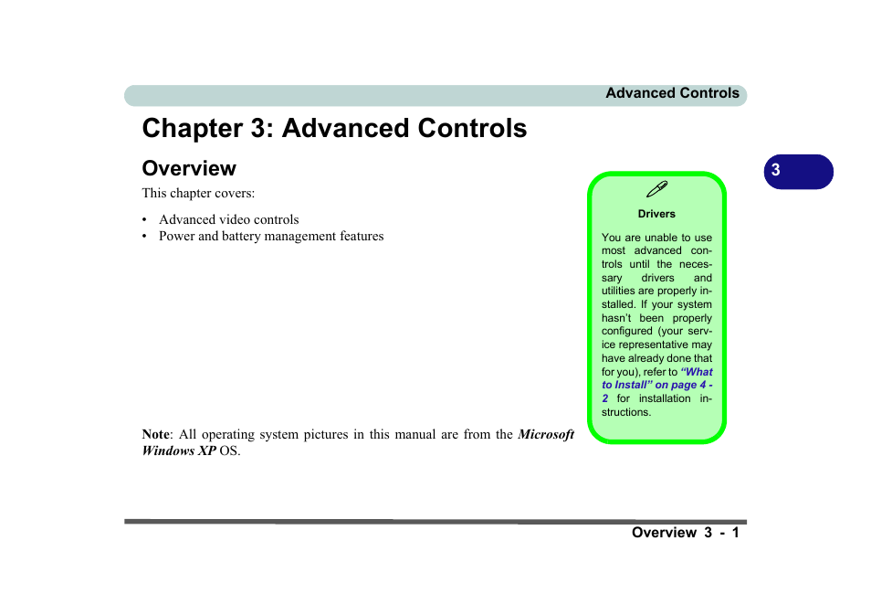 Chapter 3: advanced controls, Overview, Drivers | Advanced controls -1, Overview -1 | Eurocom D270ES VIPER User Manual | Page 64 / 153