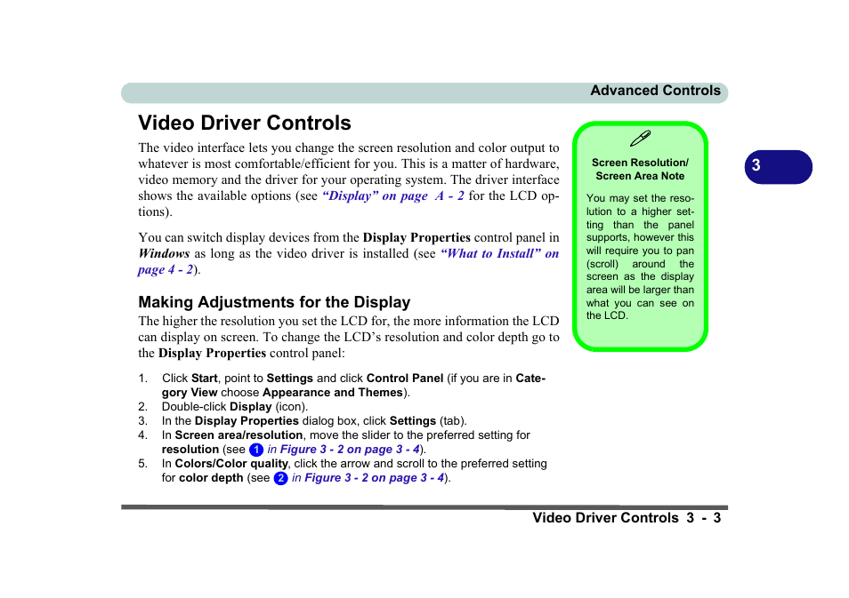 Video driver controls, Screen resolution/ screen area note, Making adjustments for the display | Video driver controls -3, Making adjustments for the display -3 | Eurocom D270ES VIPER User Manual | Page 66 / 153