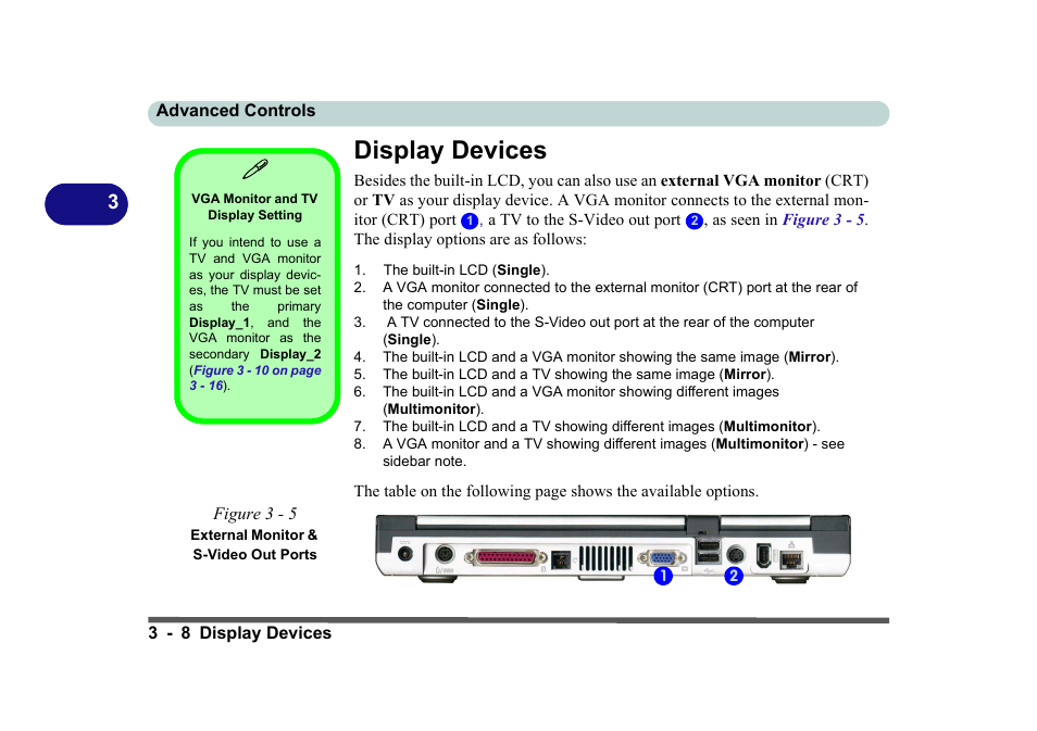 Display devices, Vga monitor and tv display setting, Figure 3 - 5 external monitor & s-video out ports | Display devices -8, Display | Eurocom D270ES VIPER User Manual | Page 71 / 153