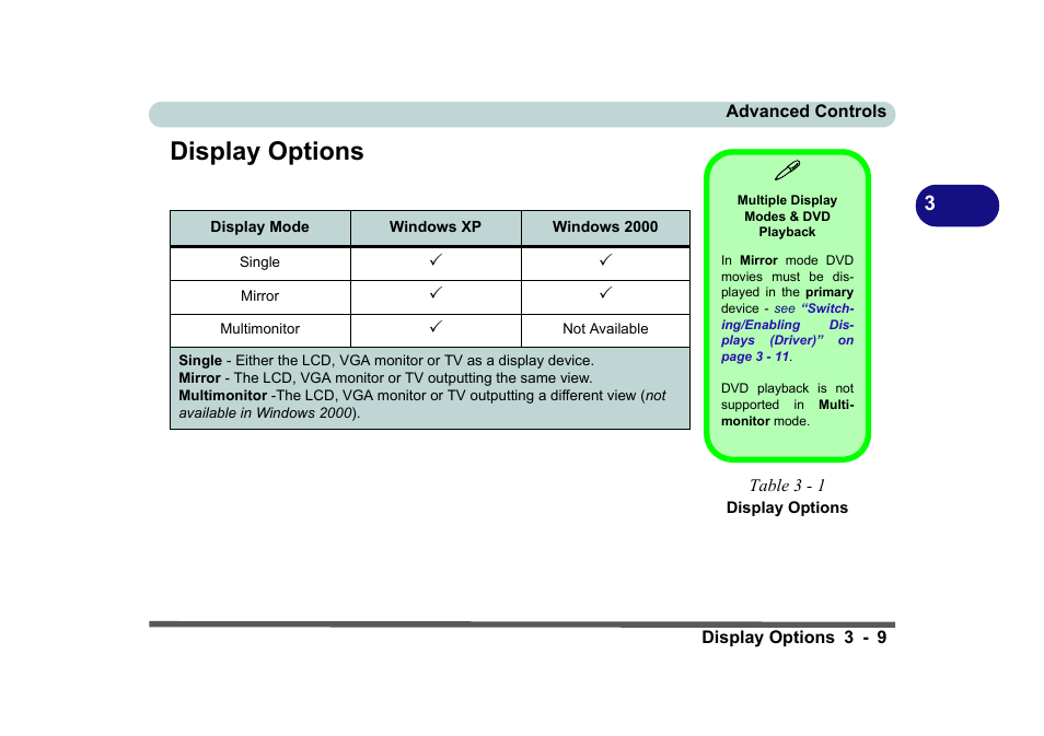 Display options, Multiple display modes & dvd playback, Table 3 - 1 display options | Display options -9 | Eurocom D270ES VIPER User Manual | Page 72 / 153