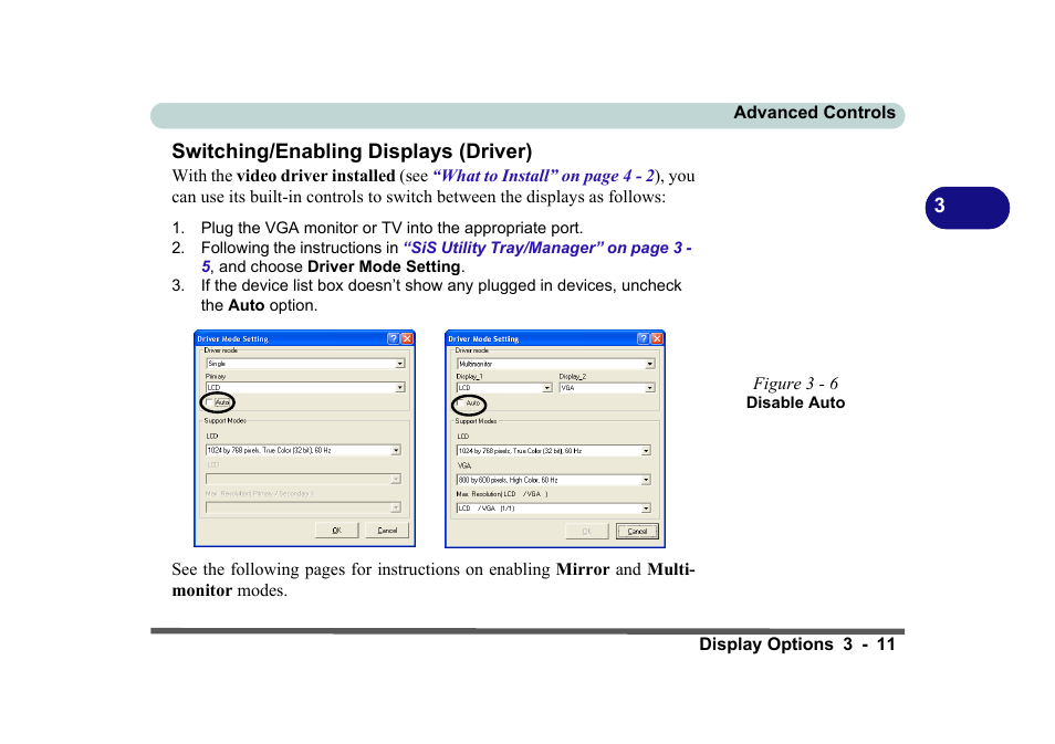 Switching/enabling displays (driver), Figure 3 - 6 disable auto, Switching/enabling displays (driver) -11 | Switching/en | Eurocom D270ES VIPER User Manual | Page 74 / 153