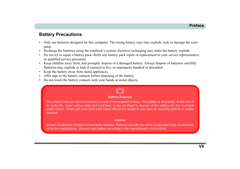 Battery precautions, Battery disposal, Caution | Eurocom D270ES VIPER User Manual | Page 8 / 153