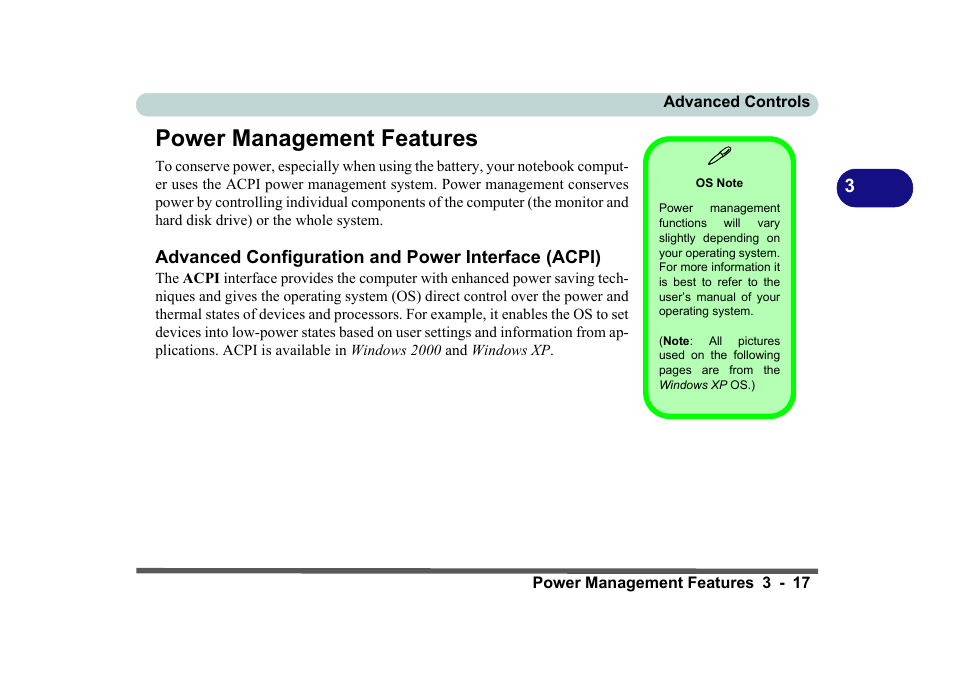 Power management features, Os note, Advanced configuration and power interface (acpi) | Power management features -17 | Eurocom D270ES VIPER User Manual | Page 80 / 153