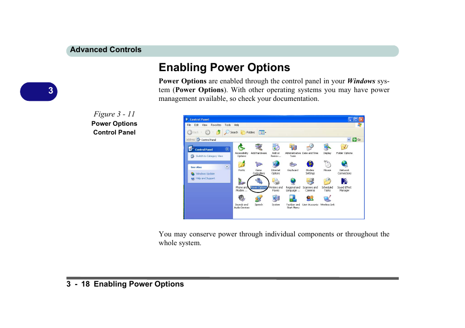 Enabling power options, Figure 3 - 11 power options control panel, Enabling power options -18 | Eurocom D270ES VIPER User Manual | Page 81 / 153