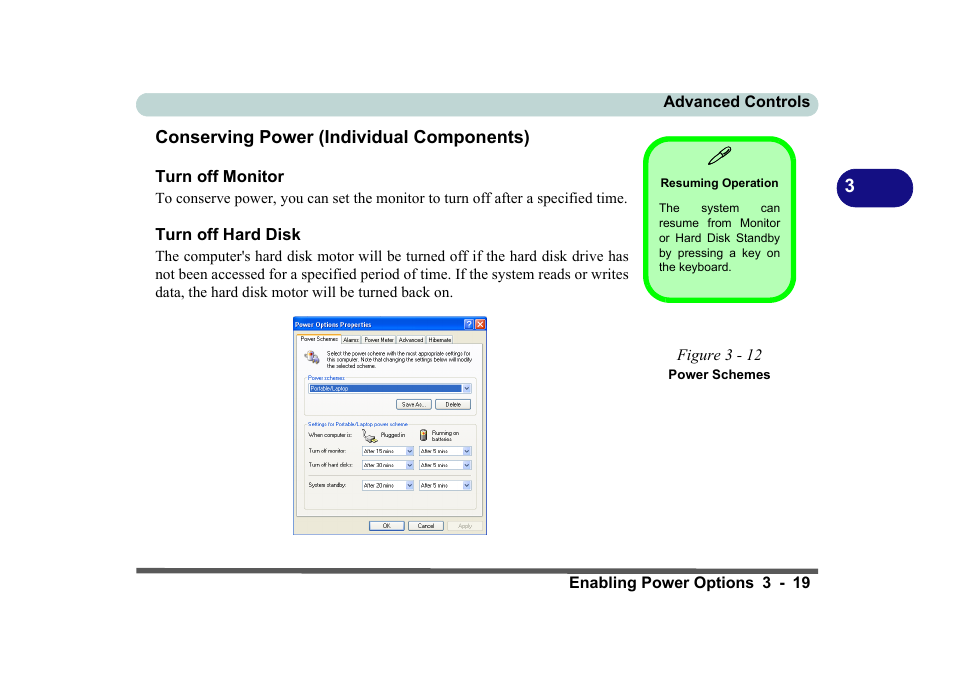 Conserving power (individual components), Resuming operation, Figure 3 - 12 power schemes | Turn off monitor, Turn off hard disk, Conserving power (individual components) -19, Turn off monitor -19 turn off hard disk -19 | Eurocom D270ES VIPER User Manual | Page 82 / 153