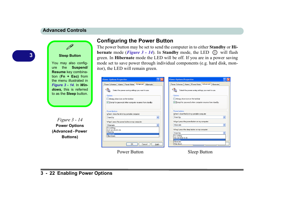 Configuring the power button, Sleep button, Configuring the power button -22 | Figure 3 - 14, Operating system (see | Eurocom D270ES VIPER User Manual | Page 85 / 153