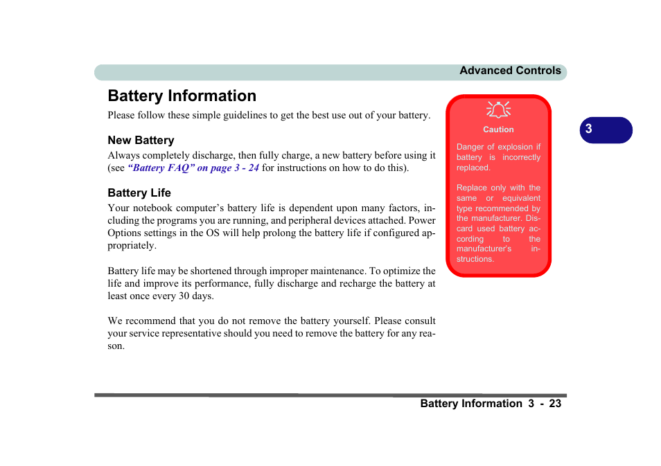 Battery information, Caution, New battery | Battery life, Battery information -23, New battery -23 battery life -23, Battery, please refer to, Battery informa | Eurocom D270ES VIPER User Manual | Page 86 / 153