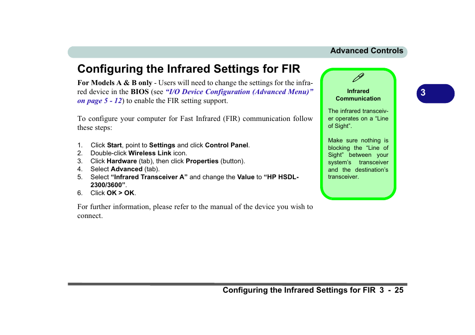 Configuring the infrared settings for fir, Infrared communication, Configuring the infrared settings for fir -25 | Configuring the infrared settings for | Eurocom D270ES VIPER User Manual | Page 88 / 153