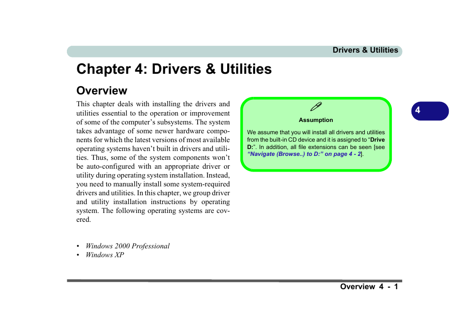 Chapter 4: drivers & utilities, Overview, Assumption | Drivers & utilities -1, Overview -1 | Eurocom D270ES VIPER User Manual | Page 90 / 153