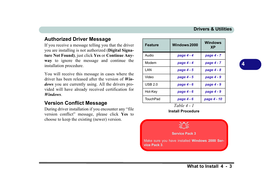 Authorized driver message, Version conflict message, Table 4 - 1 install procedure | Service pack 3, Table 4 - 1 on, 4authorized driver message | Eurocom D270ES VIPER User Manual | Page 92 / 153